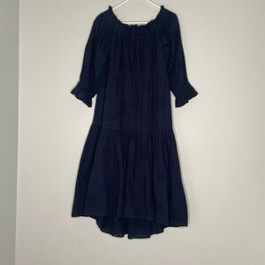 Chico’s Blue Eyelet Casual Midi Dress Off The Shoulder Sz 1, Sz 8 Cotton